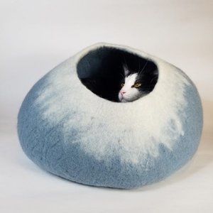Sky Blue and White Cat Cave | Pet Bed